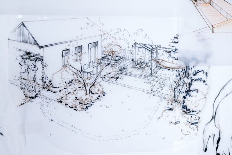 Garten mit Wasser und Gräsern